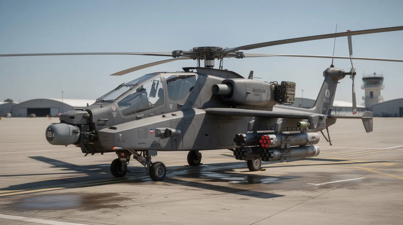 An AH-64D Apache Longbow attack helicopter is stationed on an airfield apron, equipped with multiple Hellfire anti-tank missiles and rocket pods mounted on its stub wings. The aircraft features a distinctive rotor blade design and is ready for combat operations, showcasing its advanced capabilities for the United States Army.