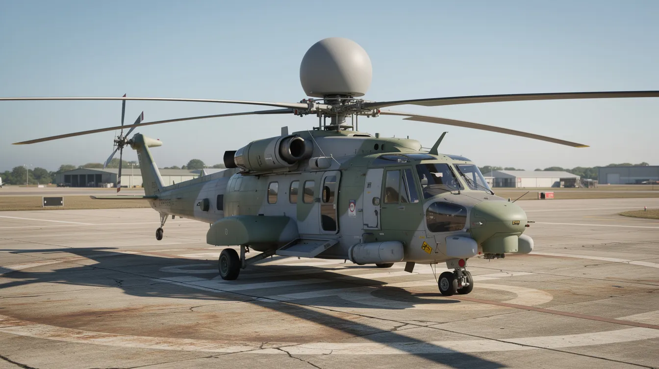 An AH-64D Apache Longbow helicopter is parked on a concrete pad, showcasing its distinctive radar dome positioned above the main rotor hub. This advanced attack helicopter, known for its role in operations like Desert Storm, features wing fuel tanks and a crew compartment designed for combat missions against armored threats.