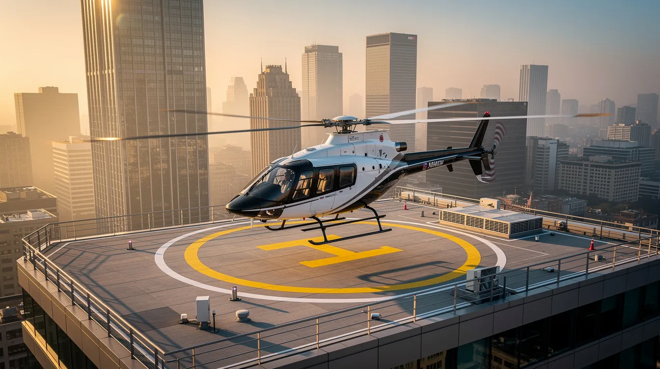 A modern helicopter is landing on a helipad atop a city building, with a stunning skyline in the background. The helicopter's sleek design and rotor blades are prominent, showcasing advanced features typical of military aircraft like the AH-64 Apache.