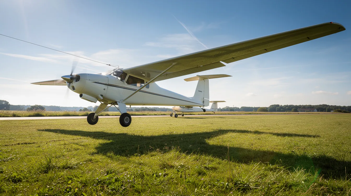 A small towplane is pulling a sleek white glider into the clear blue sky from a vibrant green grass airfield on a sunny morning. The scene captures the moment of powered flight as the glider pilots prepare for soaring flight, showcasing the dynamic relationship between the towplane and the sailplane glider.