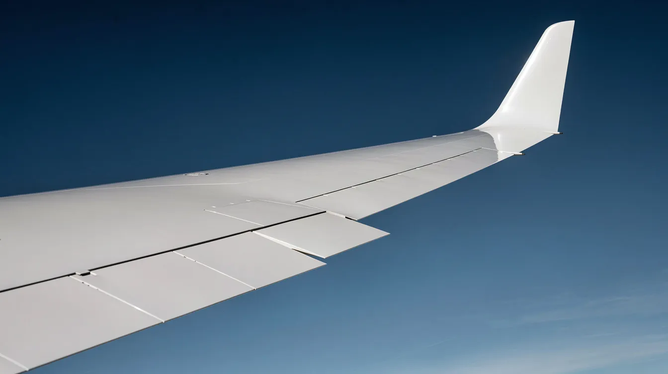 A close-up view of a sailplane wing showcases its smooth composite surface and a small winglet at the tip, set against a clear blue sky. This image highlights the aerodynamic efficiency and design features that contribute to the high glide ratio and performance of modern gliders.