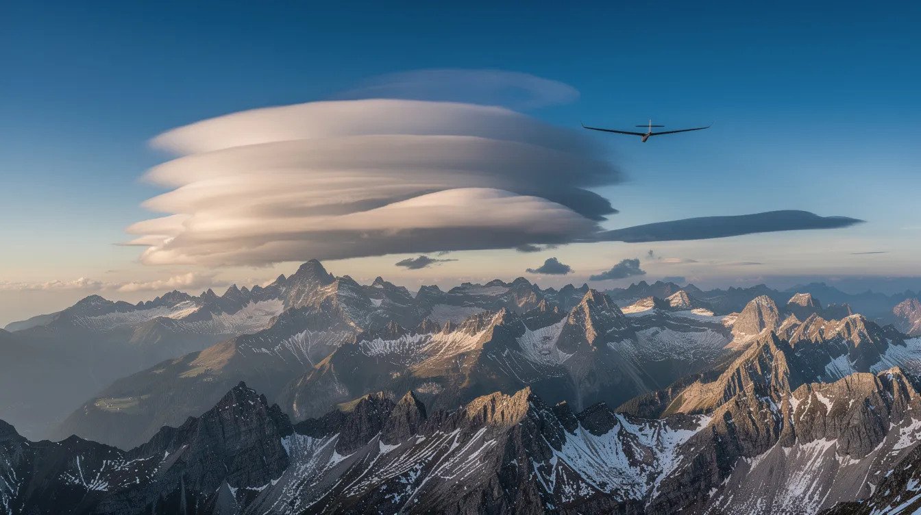 A breathtaking panoramic view of a mountain landscape features majestic peaks beneath lenticular wave clouds, with a distant silhouette of a glider soaring against the sky, embodying the essence of unpowered flight and gliding performance. The scene captures the beauty of soaring flight, highlighting the harmony between nature and glider pilots navigating the rising air currents.