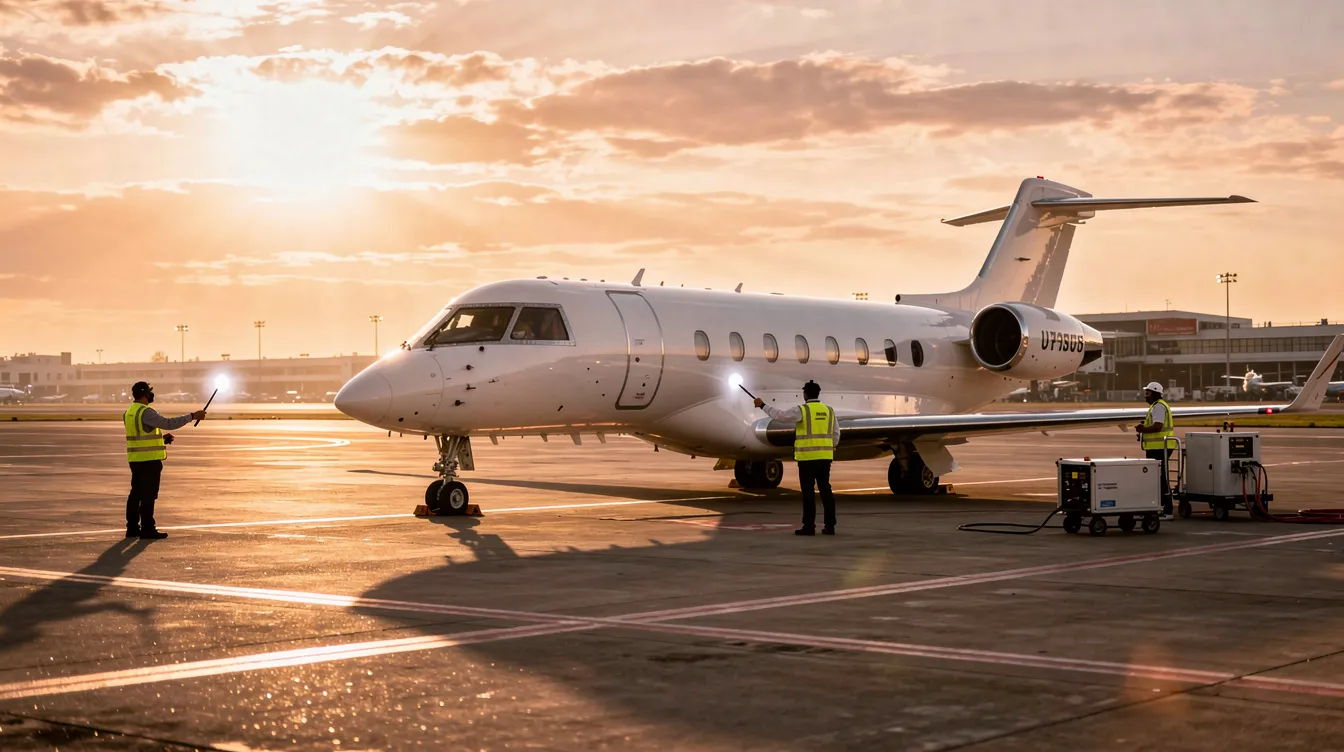 A sleek business jet, possibly a model from Cessna or Cirrus, is parked on a tarmac bathed in the warm hues of sunset, with ground crew members preparing for departure nearby. This scene reflects the modern technology and efficiency of jet aircraft, highlighting the essential role of aviation in business travel.
