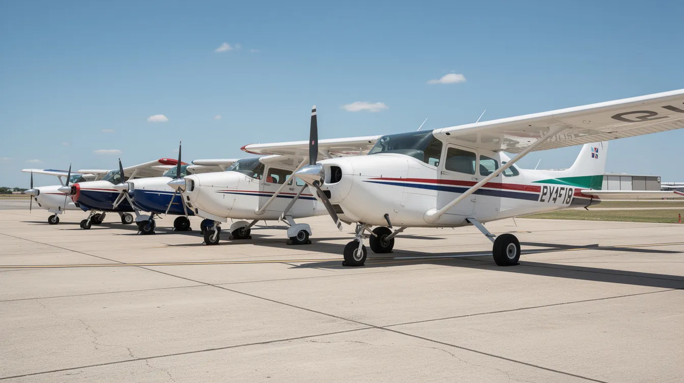 A row of various high-wing Cessna aircraft, including models like the Cessna 150, is parked side by side on a sunny airport tarmac, showcasing their reliable piston engines and spacious cabins. These single-engine planes are often used for flight training, offering student pilots better visibility and low operating costs.