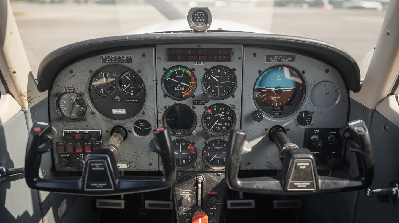 A close-up view of a small aircraft cockpit, featuring analog instruments and dual control yokes, typical of a Cessna 150 model, often used for flight training by student pilots. The cockpit design offers better visibility and is equipped with reliable piston engines, making it a popular choice for those exploring aviation.