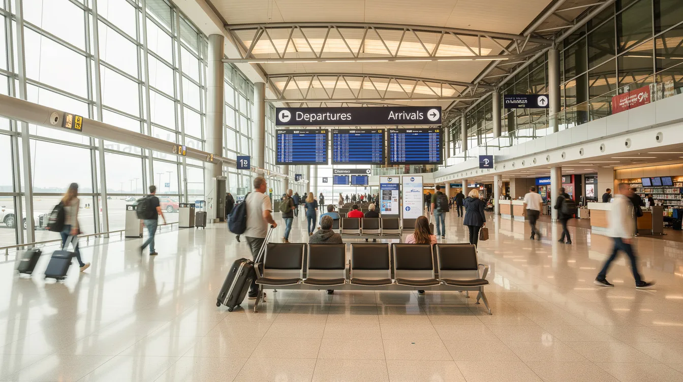 The image depicts the bustling interior of Harry Reid International Airport, formerly known as McCarran International Airport, showcasing travelers navigating through a modern concourse filled with shops and seating areas. The scene captures the vibrant atmosphere of an international airport in Las Vegas, with people heading towards their gates for various international flights.