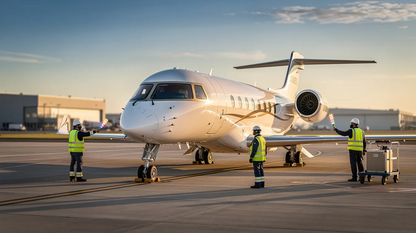 A sleek private jet is parked on the ramp of Harry Reid International Airport, with ground crew members nearby preparing for the next flight. The scene captures the bustling atmosphere of the airport, which serves as a hub for both international and domestic travel in Las Vegas.