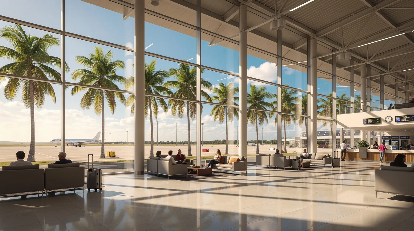 The interior of Key West International Airport features large windows that provide a view of palm trees and a sunny tarmac, creating a tropical atmosphere for arriving and departing passengers. The terminal is designed for comfort, with various facilities and services available for travelers.