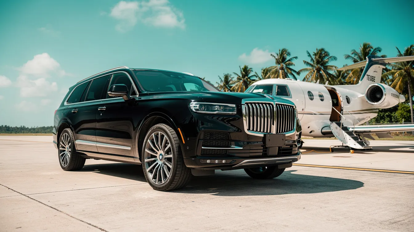 A sleek black luxury SUV is parked beside a small private aircraft on a bright tropical tarmac, likely at Luis Muñoz Marín International Airport in San Juan, Puerto Rico. The vibrant setting reflects the allure of charter flights and international destinations in the Caribbean.