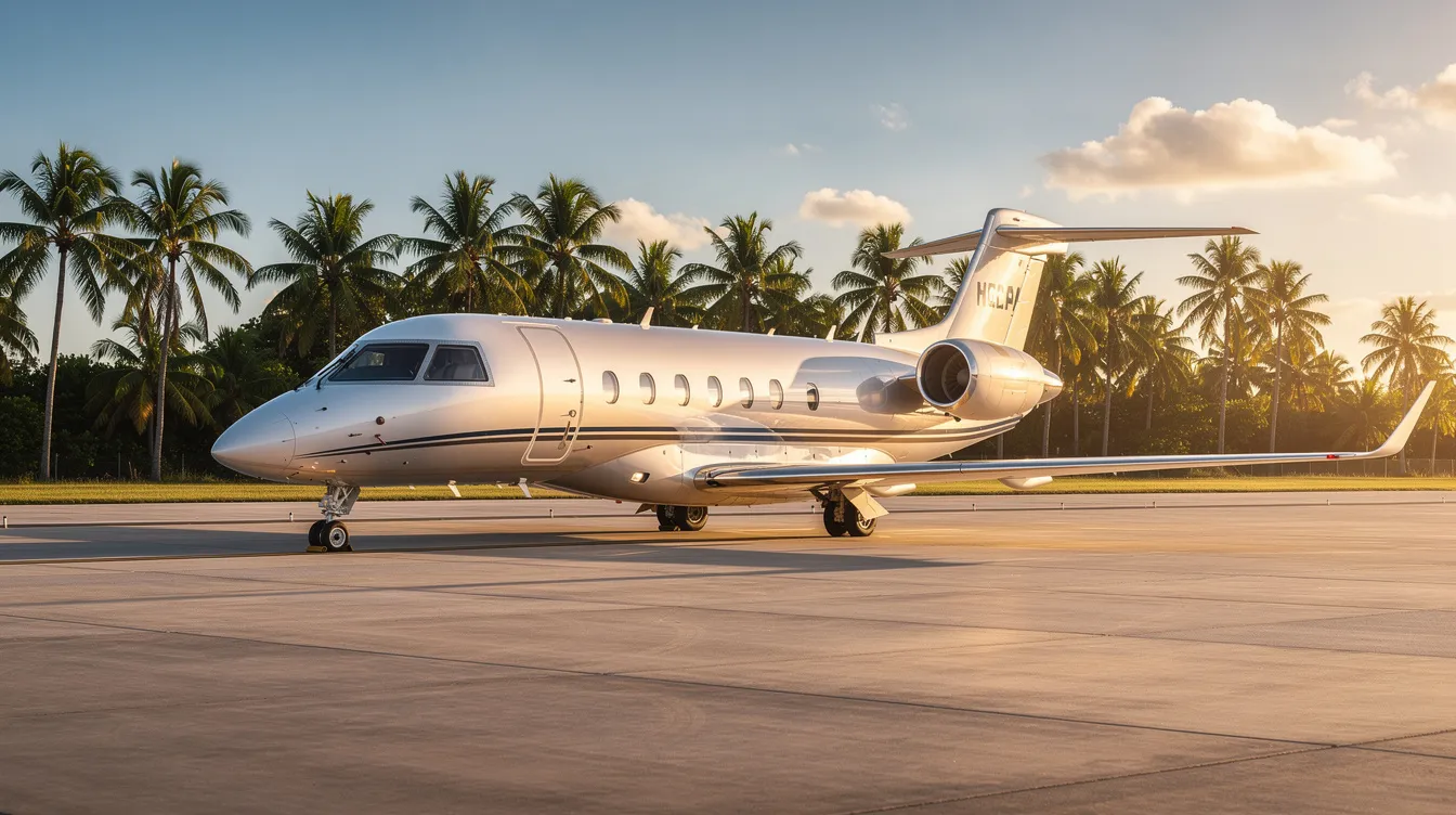 A sleek private jet is parked on a sunlit tarmac at the Luis Muñoz Marín International Airport in San Juan, Puerto Rico, with lush palm trees in the background, hinting at the tropical atmosphere of this Caribbean destination. The scene captures the essence of luxury travel and the excitement of charter flights to international destinations.