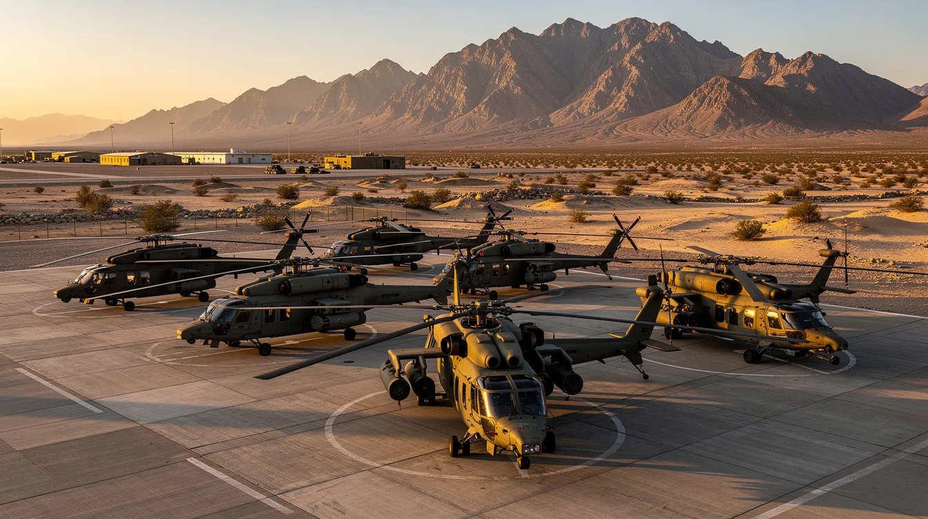The image depicts military helicopters parked on a concrete helipad in a desert setting, with rugged mountains rising in the background, characteristic of the southern Arizona landscape near Pinal Airpark. This scene highlights the aircraft's role in training and operations, possibly related to the Arizona Army National Guard.