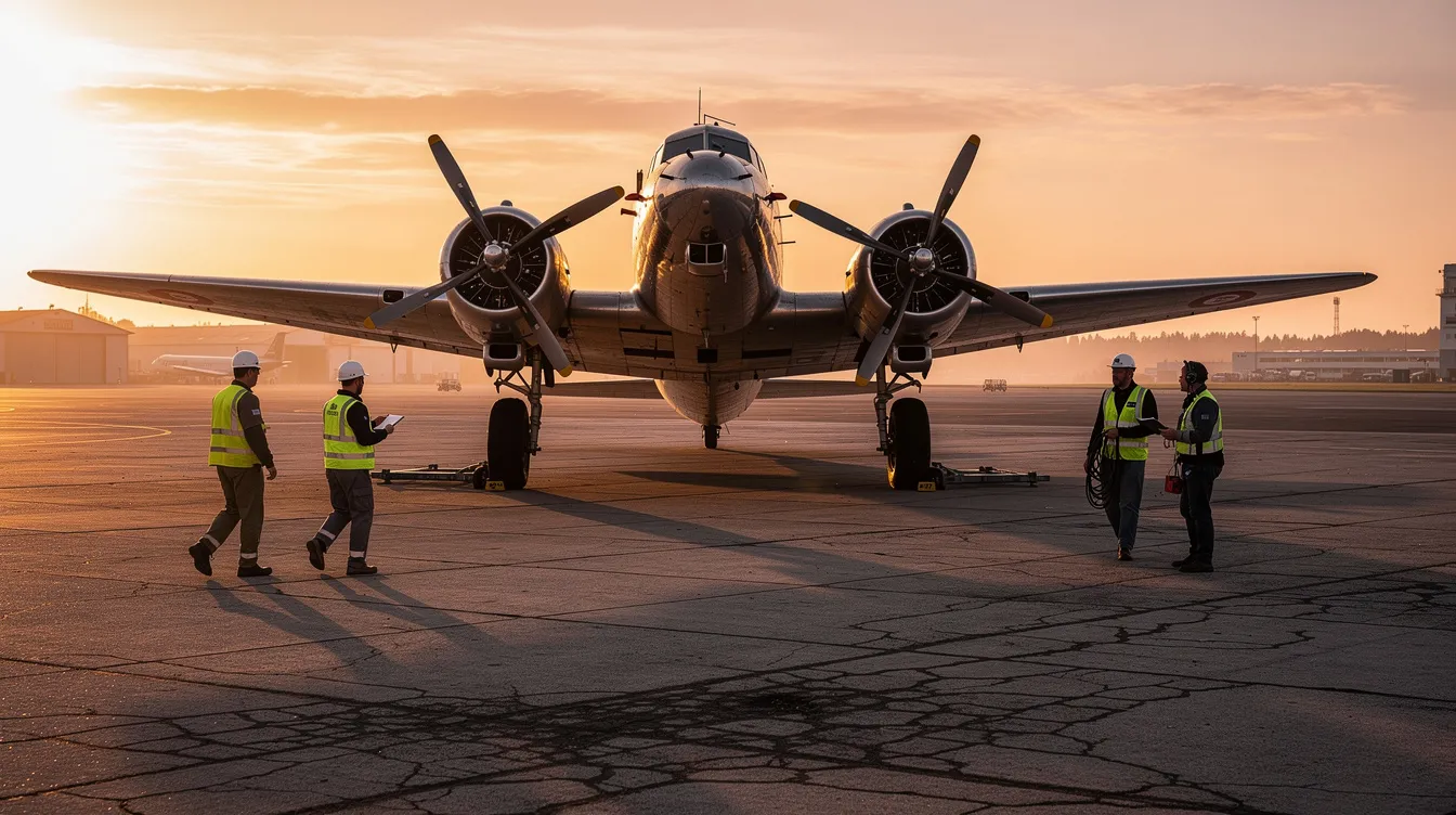 A vintage propeller airplane is parked on the tarmac of Cleveland Hopkins International Airport, bathed in warm golden light, while ground crew personnel walk nearby, contributing to the bustling atmosphere of the aviation industry. The scene captures a nostalgic essence of aviation history, reminiscent of the golden age of flight.