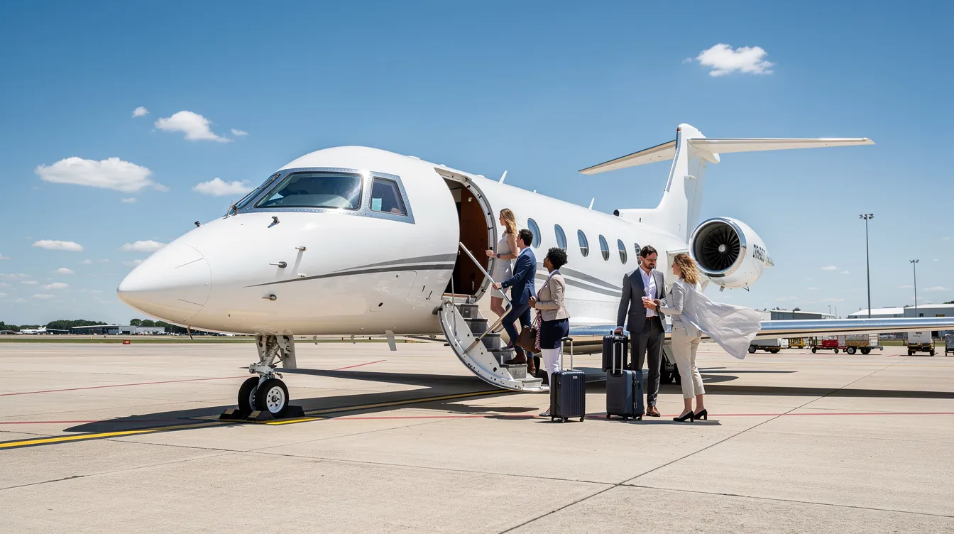 A small private jet is parked on the tarmac of Cleveland Hopkins International Airport, with passengers boarding via stairs under a bright blue sky. The scene captures the bustling atmosphere of the airport on a clear day, highlighting the aviation industry in Ohio.