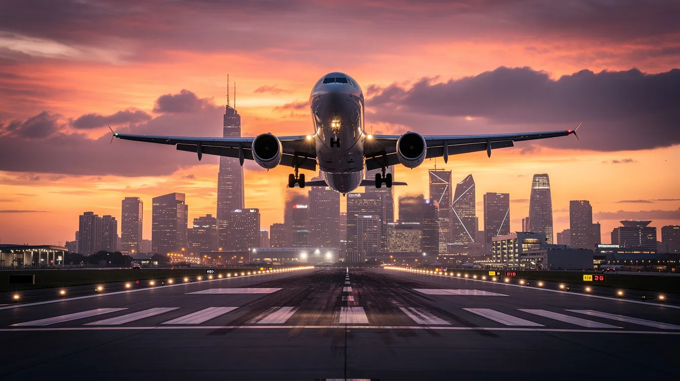 A commercial airplane is approaching the runway for landing at Cleveland Hopkins International Airport, silhouetted against a vibrant sunset sky with the downtown Cleveland skyline in the background. The scene captures the essence of aviation as the aircraft descends towards the airport, marking a busy flight route in Ohio.