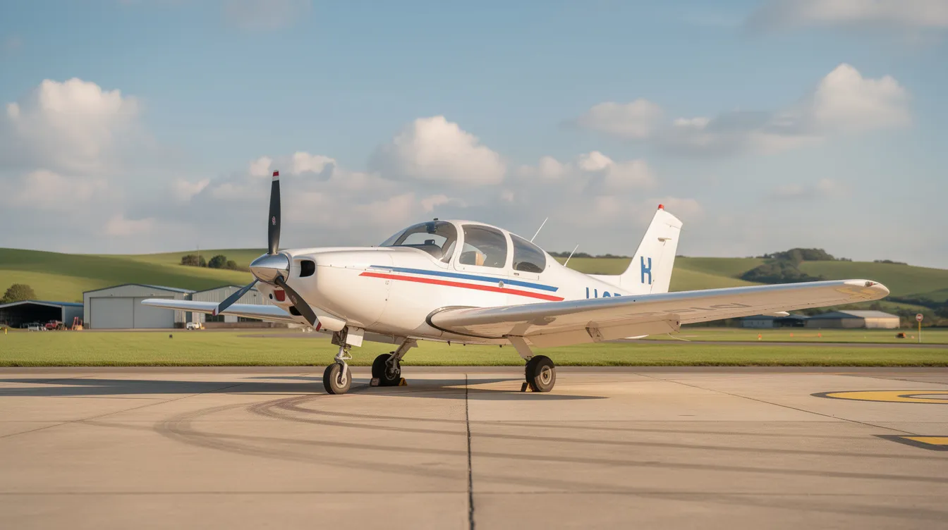 A small single-engine training aircraft is parked on the tarmac at Northampton Airport, surrounded by lush rolling green hills in the background. This scene captures the serene environment of a fully licensed flight school in Northampton, Massachusetts.