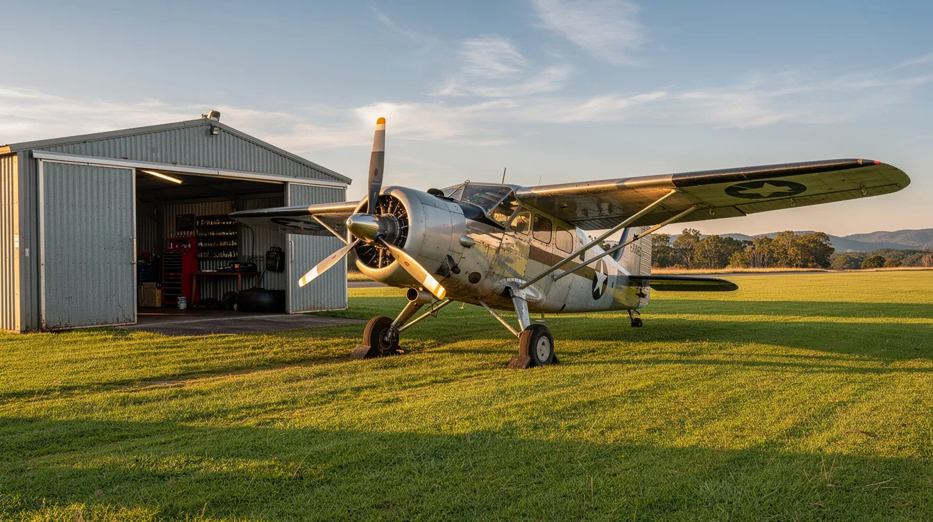 A vintage propeller aircraft is parked on a grassy field beside a small hangar building at Northampton Airport, surrounded by trees. This scene captures the charm of aviation history in Northampton, Massachusetts, showcasing the airport's unique atmosphere.
