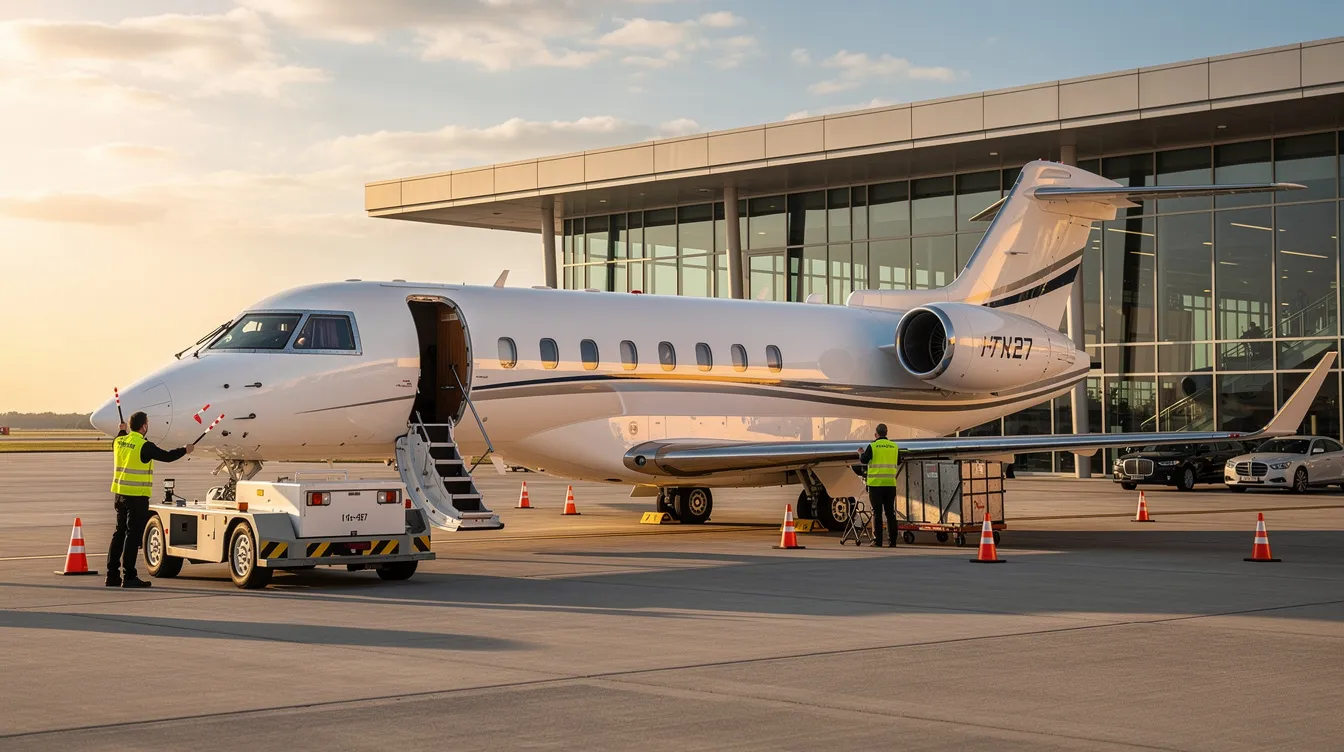 A midsize private jet is parked on the tarmac of a modern executive airport terminal in Abu Dhabi, where ground crew members are busy preparing for departure. The scene captures the hustle of airport operations in the United Arab Emirates, emphasizing the importance of customs and local time.