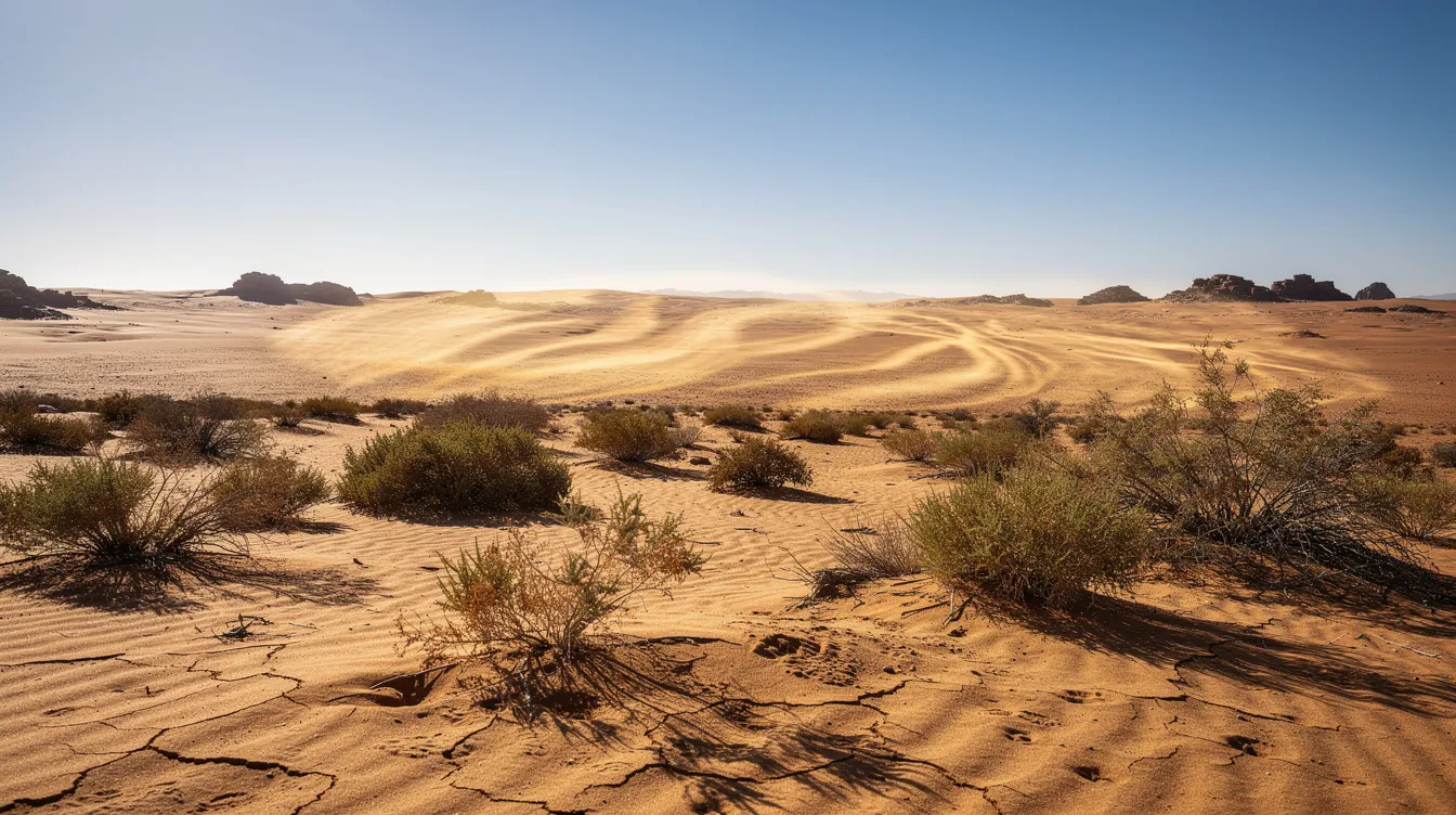 A vast desert landscape in the United Arab Emirates features sandy terrain with visible heat shimmer rising from the ground, while sparse vegetation dots the area. This scene evokes the arid beauty of places like Al Dhafra, near Abu Dhabi, where the elevation and local time can be felt in the warm air.