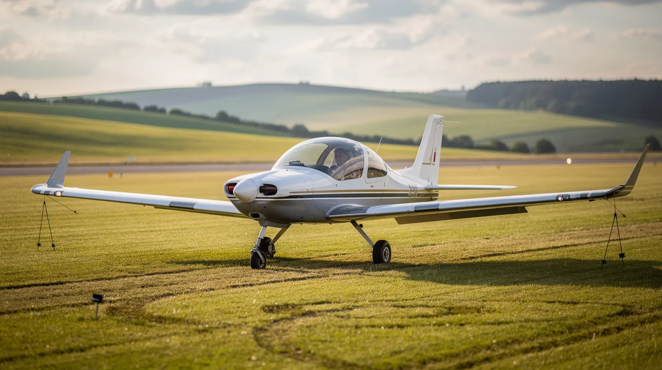 A sleek composite two-seat light sport aircraft is parked on a grassy airstrip, with rolling hills in the background, showcasing its perfect condition and versatility for recreational flyers and flight training. This popular introductory aircraft is ideal for pilots taking lessons and exploring the skies in a light sport environment.