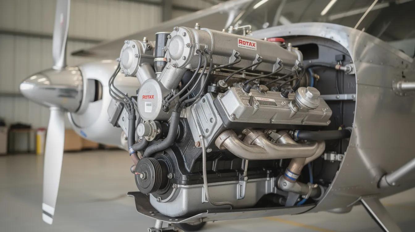 A close-up view of a four-cylinder Rotax aircraft engine is showcased, mounted securely within a cowling, with a propeller prominently visible. This image highlights the engine's design, essential for light sport aircraft and ultralight aviation, making it an ideal choice for flight training and recreational flyers.