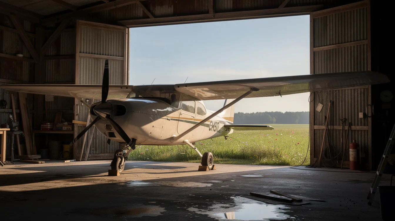 A light sport aircraft is nestled inside a rural hangar with its doors wide open, revealing a lush green field beyond. This ultralight aircraft, perfect for recreational flyers and flight training, offers a great opportunity for pilots and students to explore the skies.