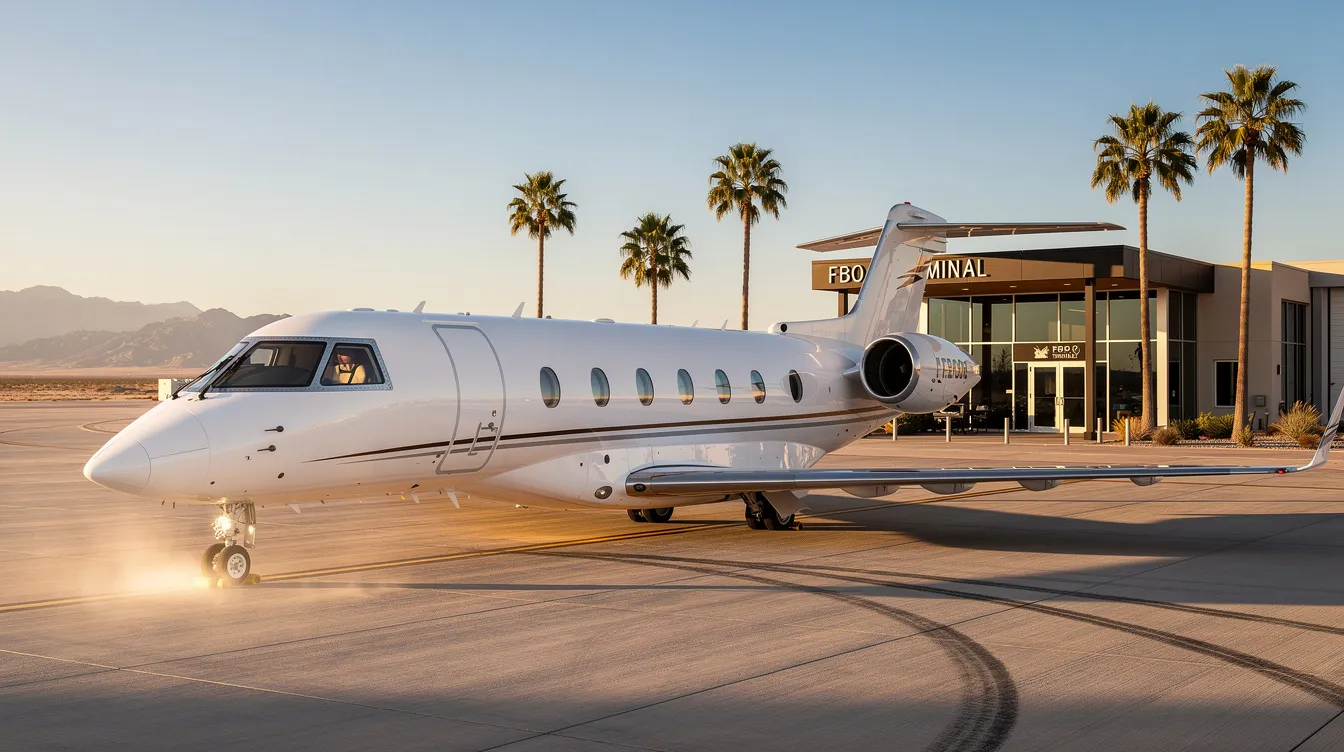 A private jet is parked on the ramp of Scottsdale Airport, with a modern FBO building and palm trees in the background, set against the clear blue sky of Arizona. This scene captures the essence of aviation activity in Maricopa County, providing easy access for travelers heading to various destinations.