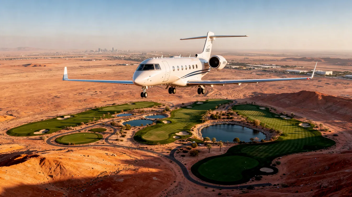 A private jet is seen approaching for landing over a vast desert landscape, with patches of green golf courses visible below. The scene captures the contrast between the arid terrain of Arizona and the lush greenery, highlighting the proximity to Scottsdale and nearby airports like Scottsdale Airport and Phoenix Sky Harbor.