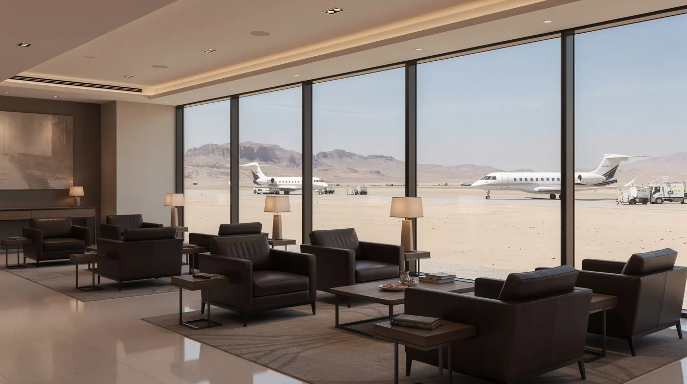 The image depicts the interior of a modern aviation lounge featuring sleek leather seating and large windows that provide a view of the airport ramp and a desert landscape outside, likely near Scottsdale Airport in Arizona. The space is designed for travelers, offering a comfortable atmosphere to relax before international flights or other aviation activities.