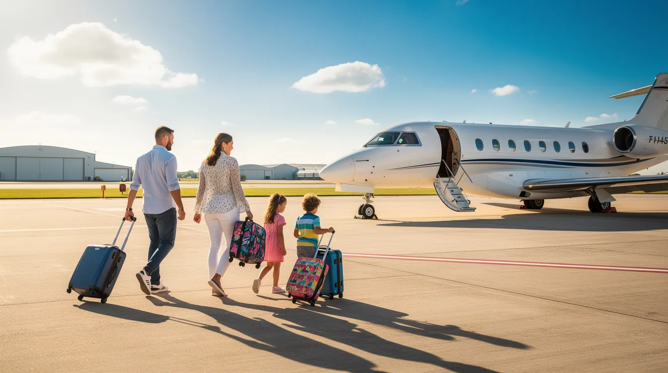 A family is walking towards a small private aircraft on a sunny airport ramp at St. Mary's County Regional Airport, carrying luggage as they prepare to depart. The scene captures the excitement of travel amidst the backdrop of the airport's asphalt runway.