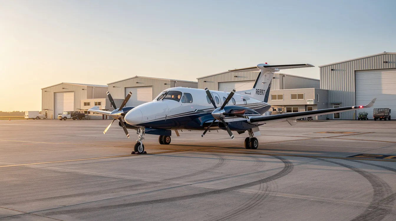 A small private turboprop aircraft is parked on a quiet ramp at St. Mary's County Regional Airport, with hangars visible in the background. The scene captures a serene moment at the airport, surrounded by asphalt and signs of vegetative growth.
