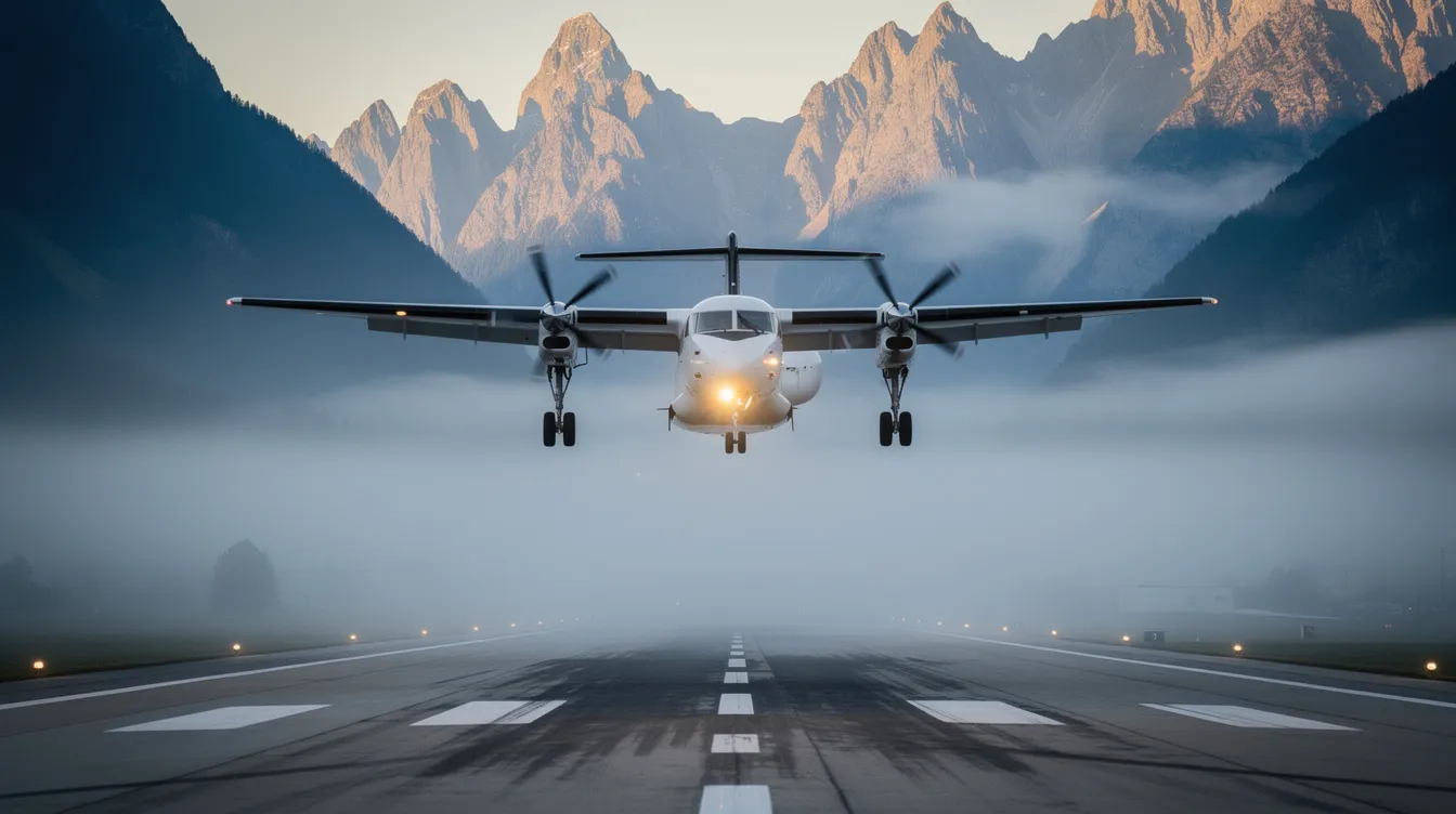 A turboprop aircraft is seen approaching a runway at the West Kootenay Regional Airport, with a backdrop of majestic mountains and valley fog, typical of the Kootenay region in Canada. The scene captures the essence of flight operations in this mountainous terrain, highlighting the beauty of the area as the aircraft prepares for landing.