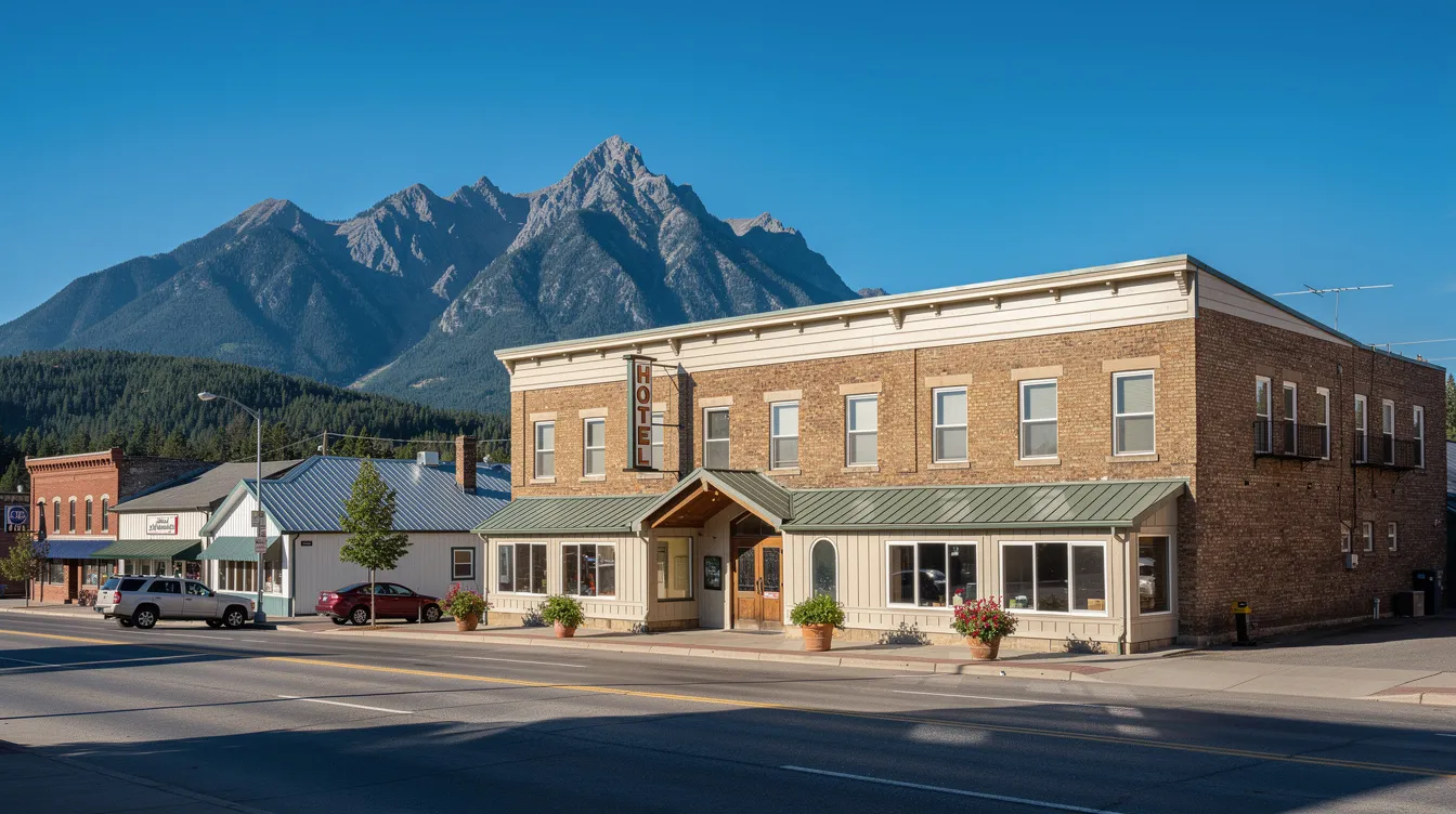 The image depicts a quaint hotel building situated in a small town, with a stunning mountain range visible in the background under clear weather. This scenic view is characteristic of the west Kootenay region, known for its beautiful mountainous terrain.