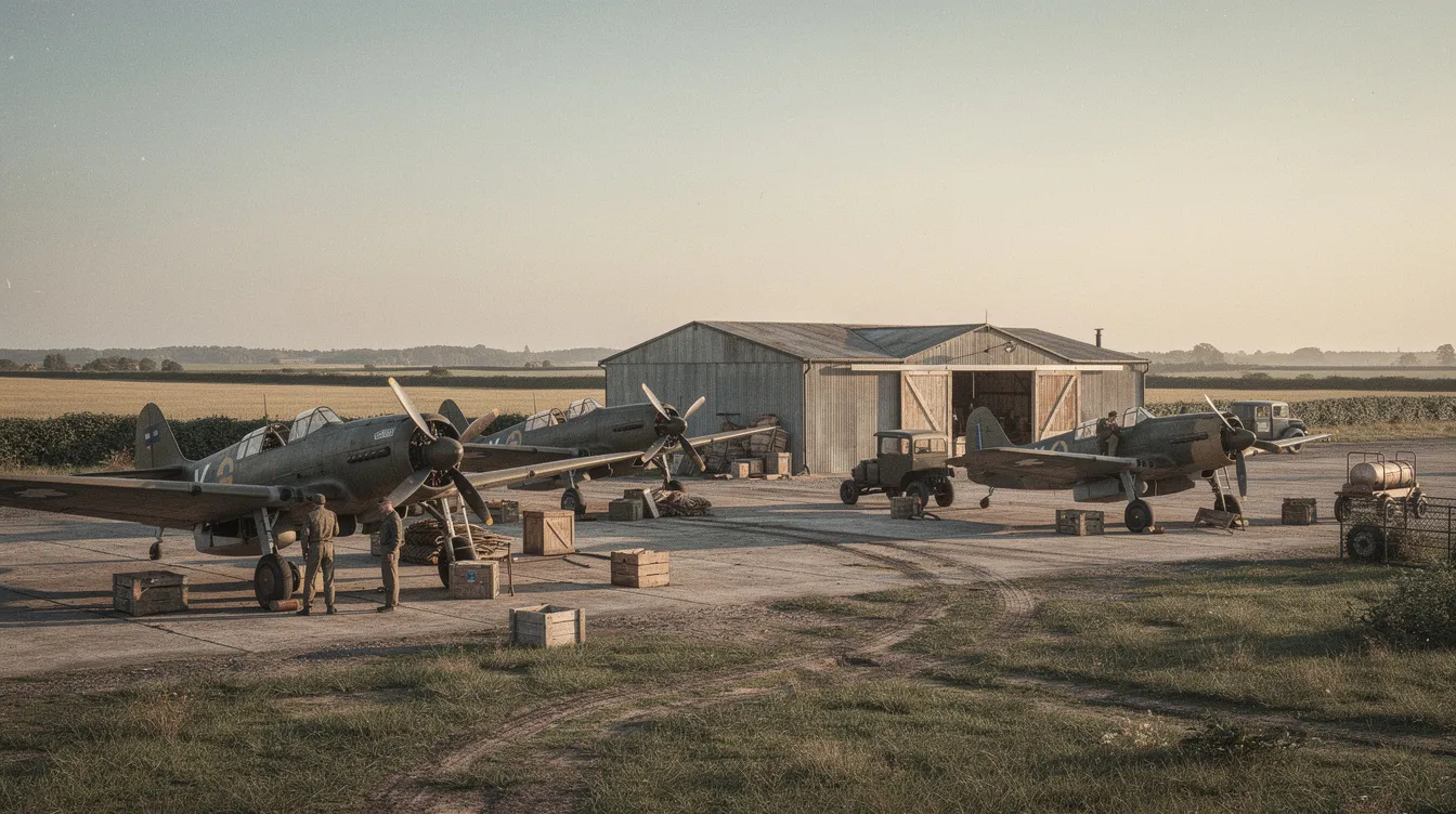 The image depicts a vintage military airfield scene featuring propeller aircraft and simple hangars, set against a vast rural landscape in Missouri. This historical site, reminiscent of the Vichy Army Airfield, showcases the charm of aviation history at the Rolla National Airport.