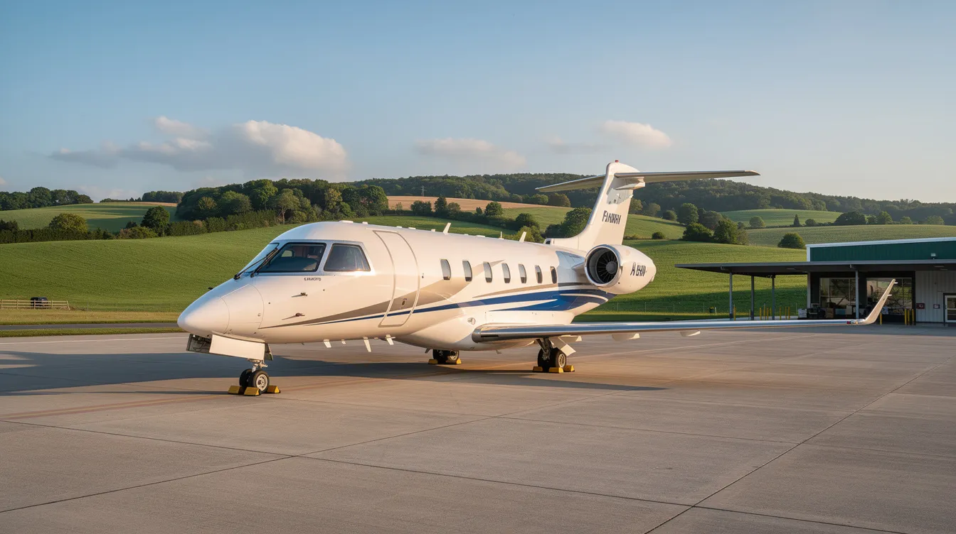 A light business jet is parked on a quiet general aviation ramp at Rolla National Airport, with rolling green hills in the background, showcasing the serene landscape of Missouri. The scene captures the tranquil atmosphere of the airport facility, highlighting its use for general aviation services.