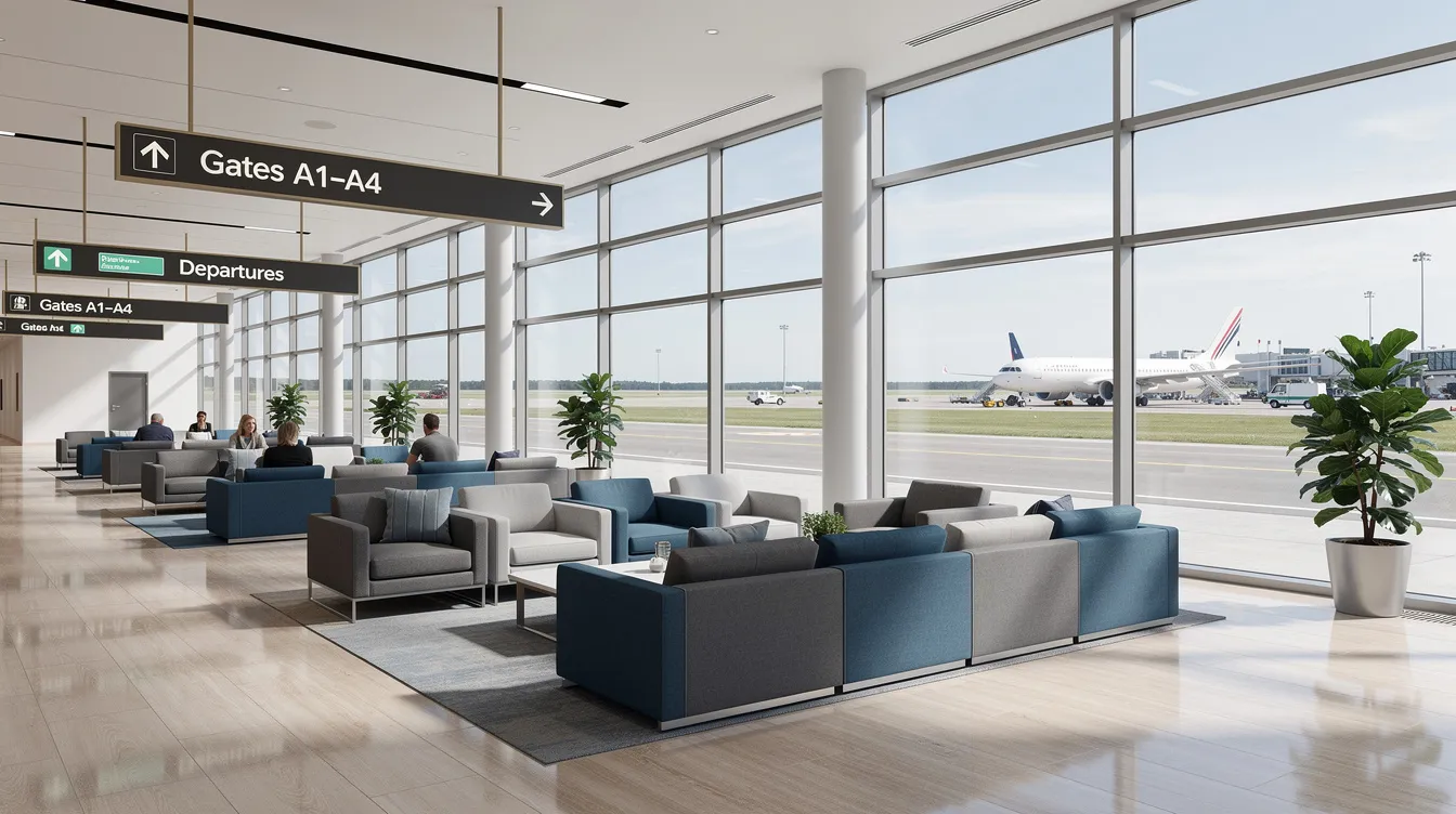 The image depicts the interior of a small, modern airport terminal at Rolla National Airport, featuring comfortable seating and large windows that offer a view of the airfield. This facility, located in the city of Rolla, Missouri, provides essential services and a welcoming atmosphere for travelers.