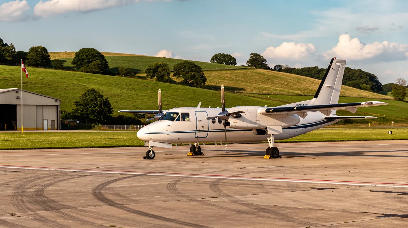 A small turboprop aircraft is parked on the ramp of Cottage Grove State Airport, with lush green hills in the background. The scene captures the tranquil rural setting of this Oregon airport, highlighting the aircraft's readiness for aviation adventures.
