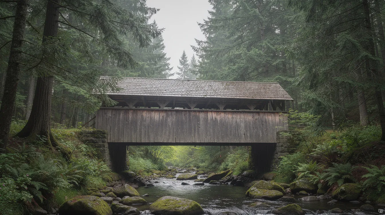 The image depicts a historic covered wooden bridge nestled among tall green trees, characteristic of the lush landscapes found in the Pacific Northwest. This serene setting reflects the natural beauty of Oregon, with the bridge serving as a charming landmark amidst the vibrant foliage.