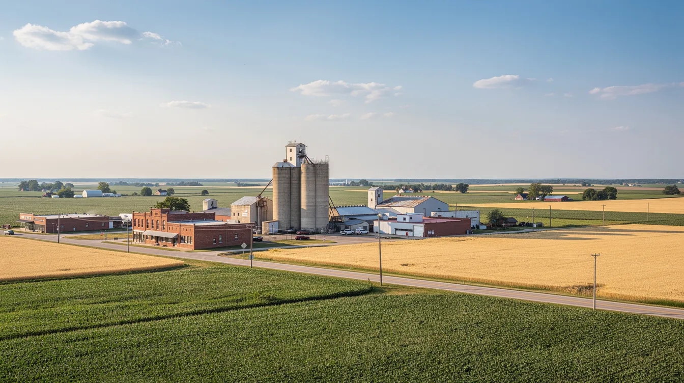 The image depicts a small midwestern city, Hastings, Nebraska, characterized by grain elevators and expansive flat agricultural fields that extend to the horizon beneath a bright blue sky. The scene conveys the rural charm of the area, with hints of aviation facilities like the Hastings Municipal Airport in the background, emphasizing the city's connection to aviation and agriculture.