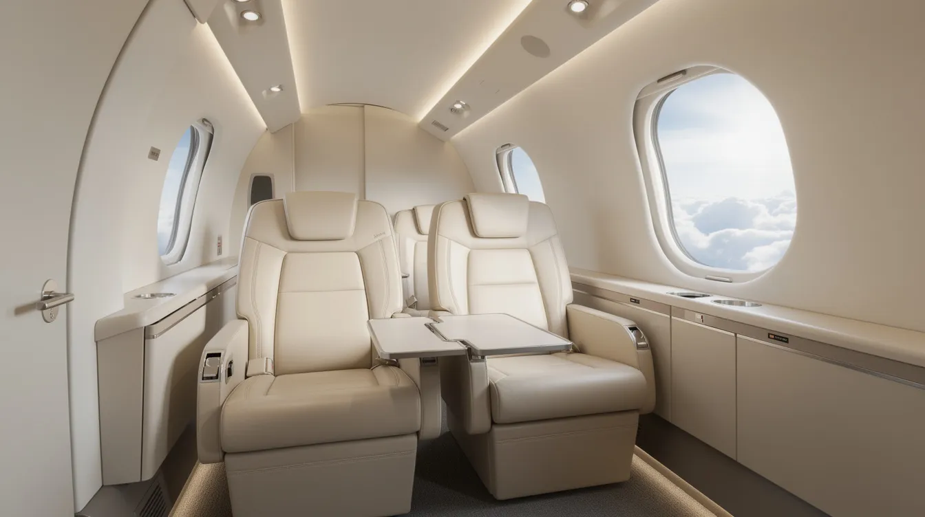 The image depicts the sleek interior of a modern light business jet cabin, featuring luxurious leather seats and a large window revealing fluffy clouds outside. This setting reflects the elegance of aviation, likely associated with services at Hastings Municipal Airport in Hastings, Nebraska.