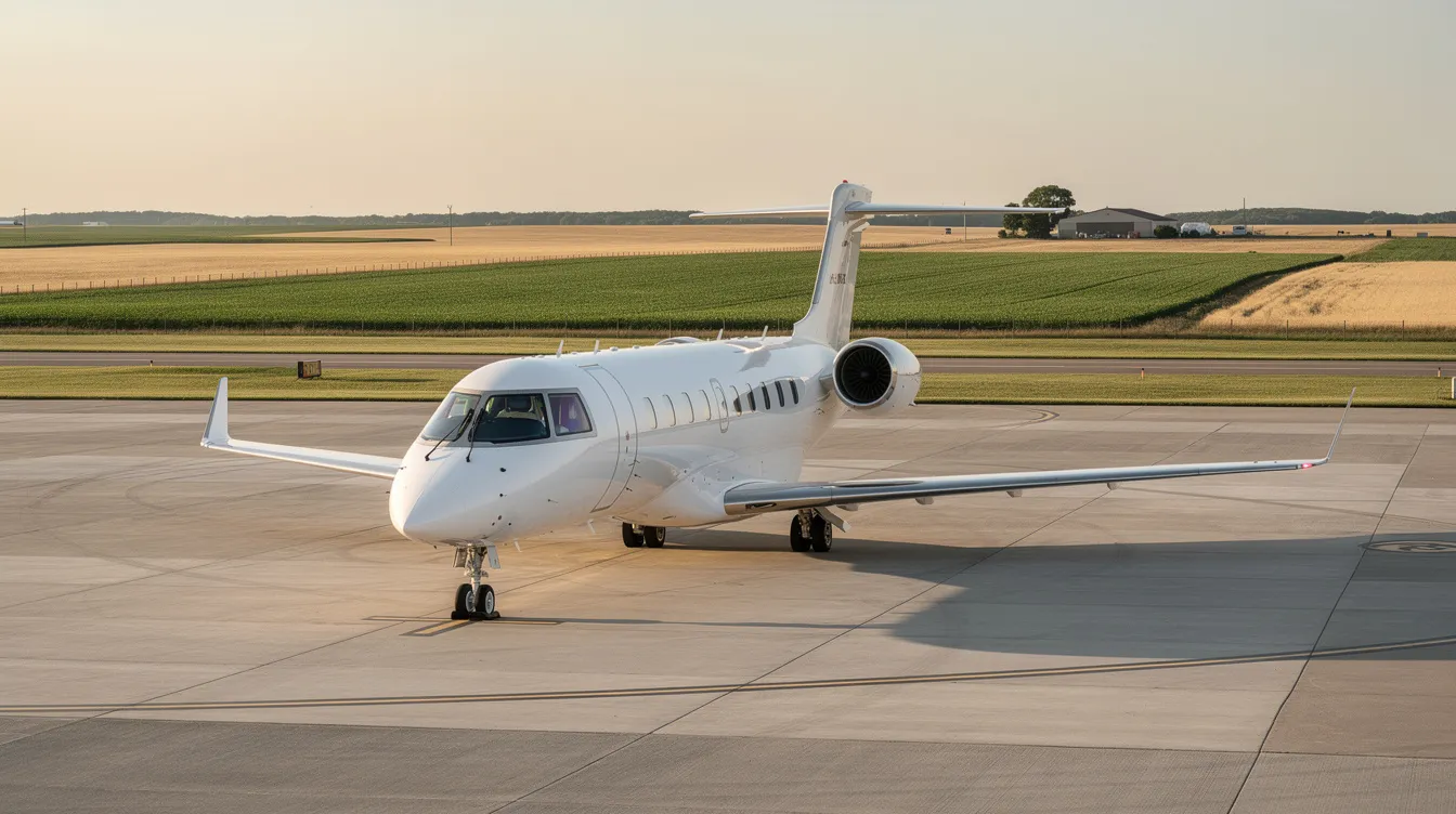 A light business jet is parked on a concrete ramp at Hastings Municipal Airport, with the expansive flat farmland of Nebraska visible in the background. The scene captures the essence of aviation service in the city of Hastings, showcasing the airport's facilities under a clear sky.