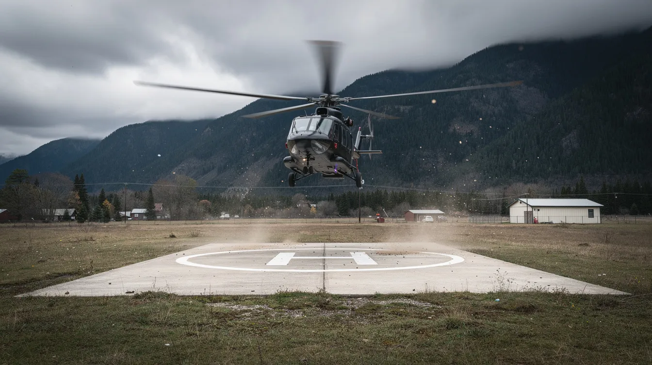 A helicopter is approaching the landing pad at a small rural airstrip, surrounded by forested mountains under an overcast sky. This scene captures the essence of the Quillayute State Airport, located near the city of Forks, Washington, illustrating a moment of aviation and natural beauty.