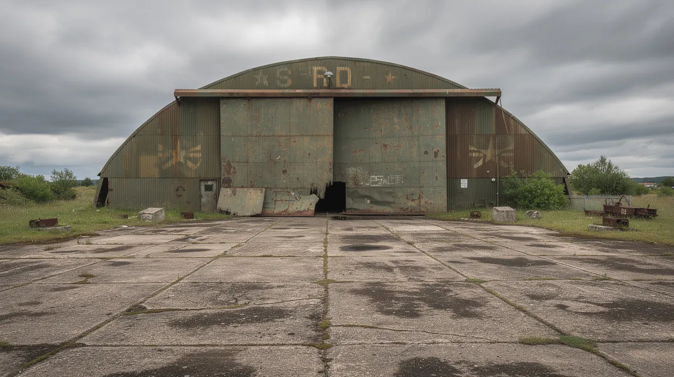 The image depicts a large, weathered WWII-era military hangar situated at Quillayute State Airport, with a concrete apron in front, surrounded by lush grass and an overcast sky. The hangar, in fair condition, reflects its historical significance and is part of the former naval auxiliary air station near the city of Forks in Washington.