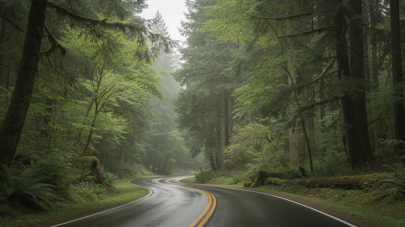 A winding two-lane road meanders through a lush, dense temperate rainforest on the Olympic Peninsula, showcasing vibrant green foliage and towering trees. This scenic route is part of the beautiful landscape near Quillayute, Washington, offering a serene atmosphere for travelers exploring the area.
