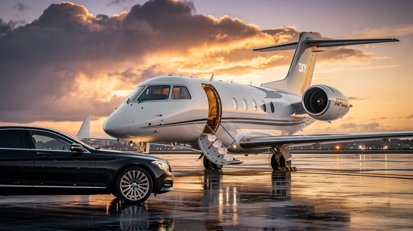 The image features a luxurious private jet with sleek lines and a glossy finish, parked on a tarmac. The scene evokes a sense of glamour and exclusivity, reminiscent of the high-end lifestyle associated with OPI nail polish, including shades that provide flawless application and long-lasting wear.