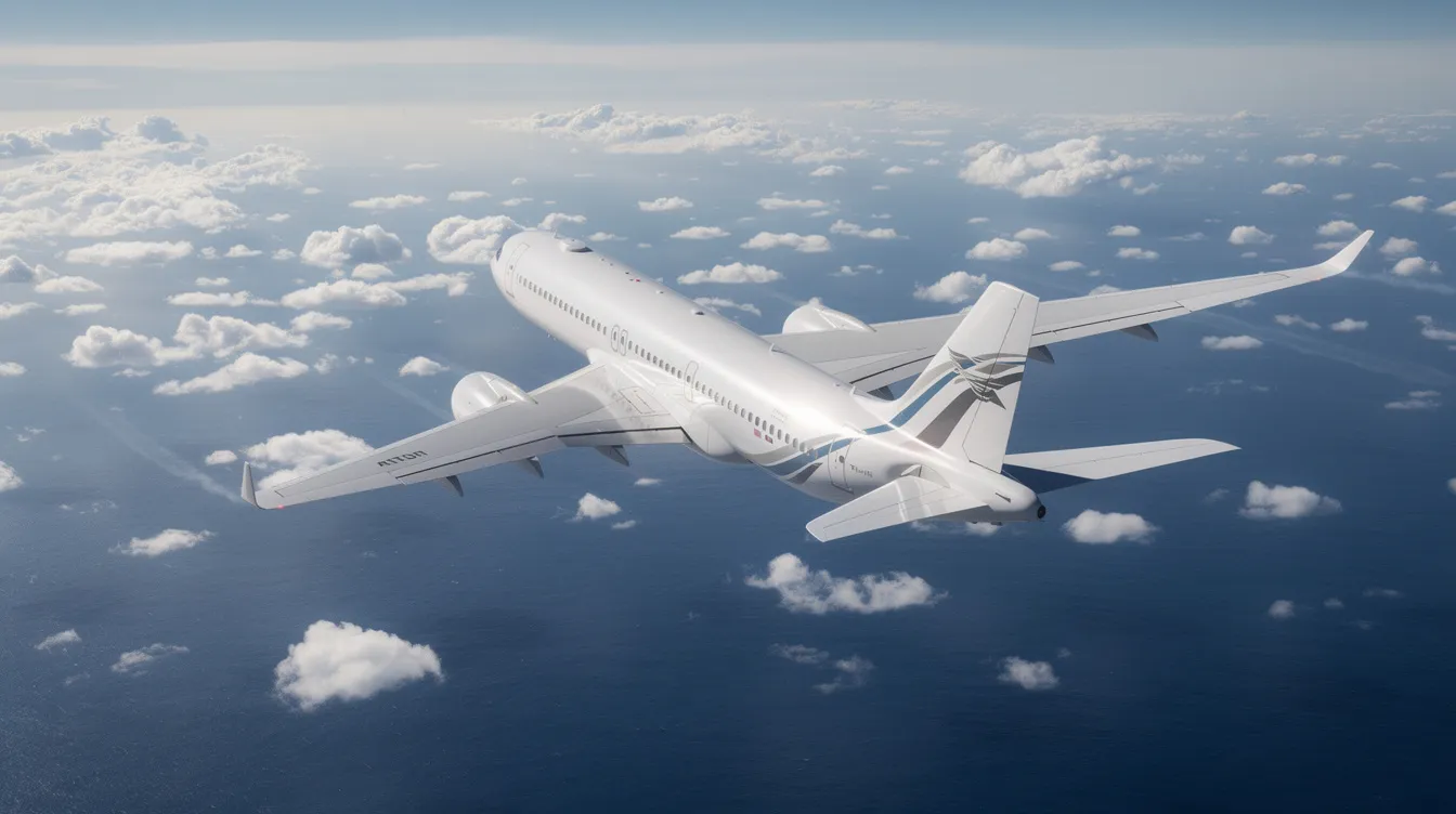 An aerial view captures a white Boeing 767 twin-engine wide-body jet soaring above a vibrant blue ocean, with fluffy scattered clouds visible below, evoking the essence of flight and travel for passengers.