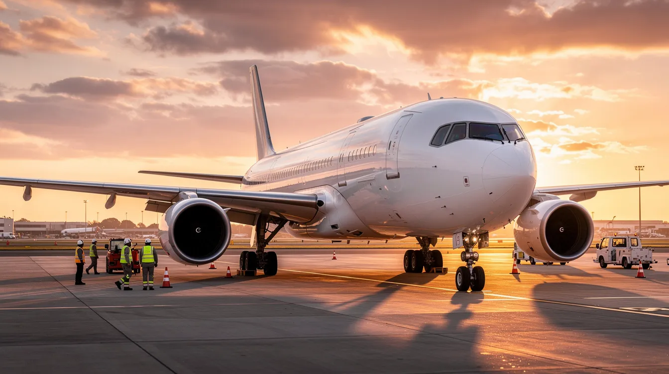 A large white Boeing 767 twin-engine wide-body aircraft is parked on the tarmac at sunset, with the warm glow of the sky illuminating the scene and ground crew members preparing for the next flight nearby.