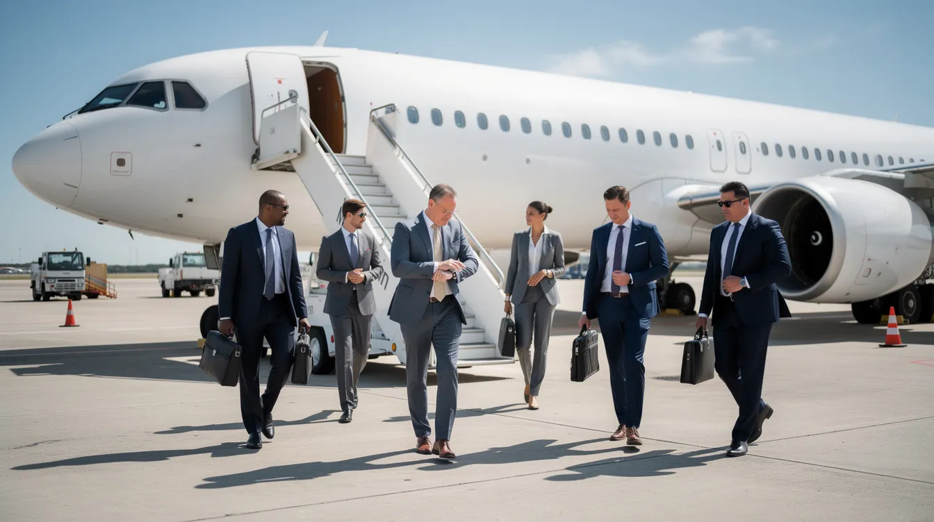 A group of business professionals in suits is walking toward the boarding stairs of a large white Boeing 767 aircraft on a sunny airport apron, ready for their flight. The scene captures the essence of travel, with the passengers appearing focused and prepared for their journey.