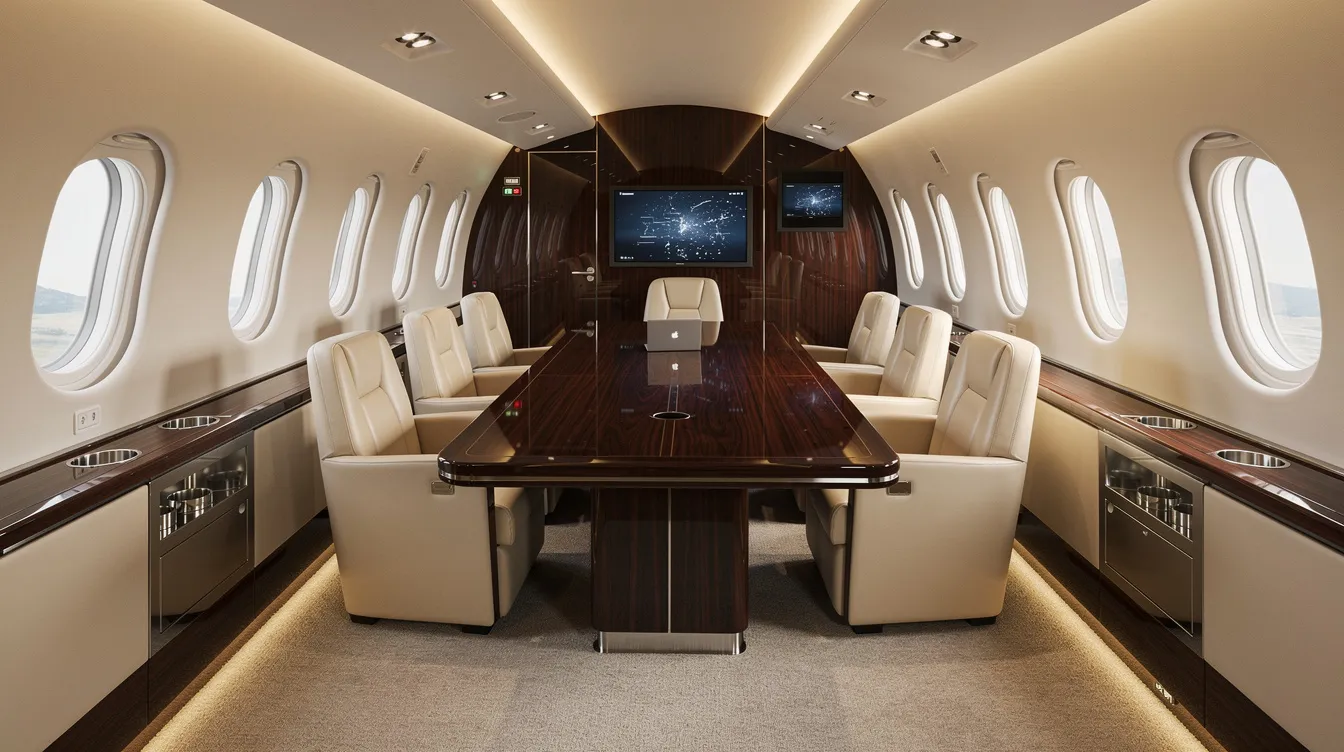 The image depicts the luxurious interior of a VIP-configured Boeing 767 aircraft cabin, featuring elegant cream leather lounge seating and a polished wood conference table, designed for comfort and style for passengers during their flight.