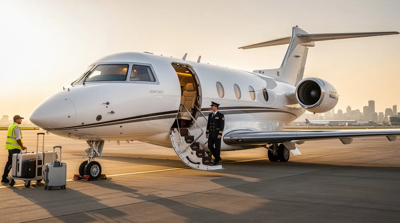 The image depicts a luxurious private jet preparing for departure at an airport, showcasing its sleek design and spacious cabin. Valuejet flights offer customers a premium travel experience with direct access to international flights and various destinations, ensuring a comfortable journey.