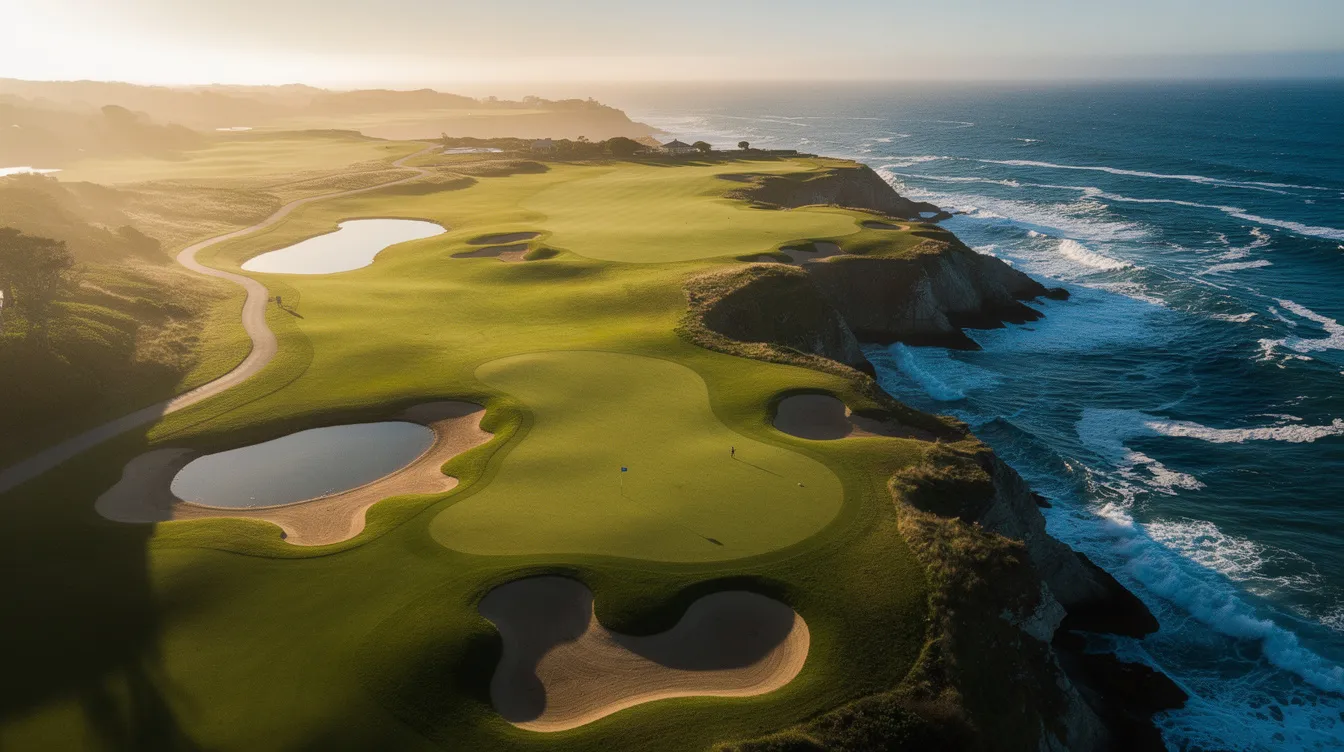 An aerial view showcases a stunning coastal golf course with vibrant green fairways and crashing ocean waves, highlighting the beauty of Myrtle Beach. This picturesque scene reflects the luxurious experience offered by global private aviation companies, such as OneFlight International, which empower members to access exclusive destinations seamlessly.